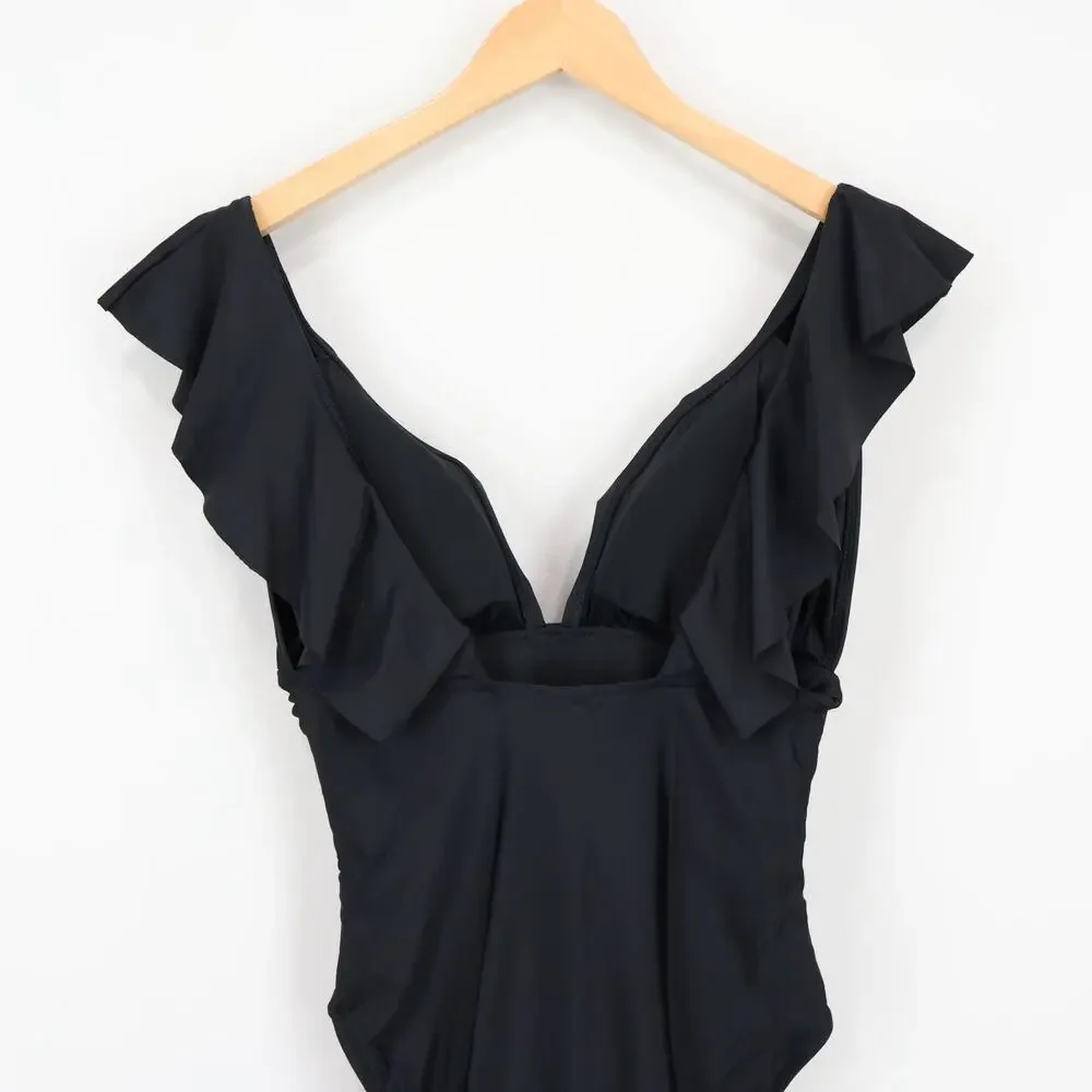 J.Crew Ruched Ruffle One Piece Swimsuit Black Size 12 NWT